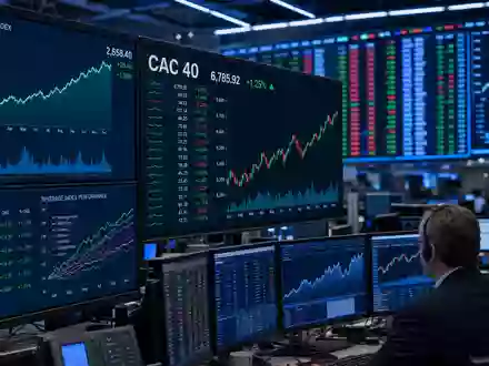 Pernod Ricard FR0000120693 — trading floor screens showing CAC 40 and beverage sector index charts - Foto: THN
