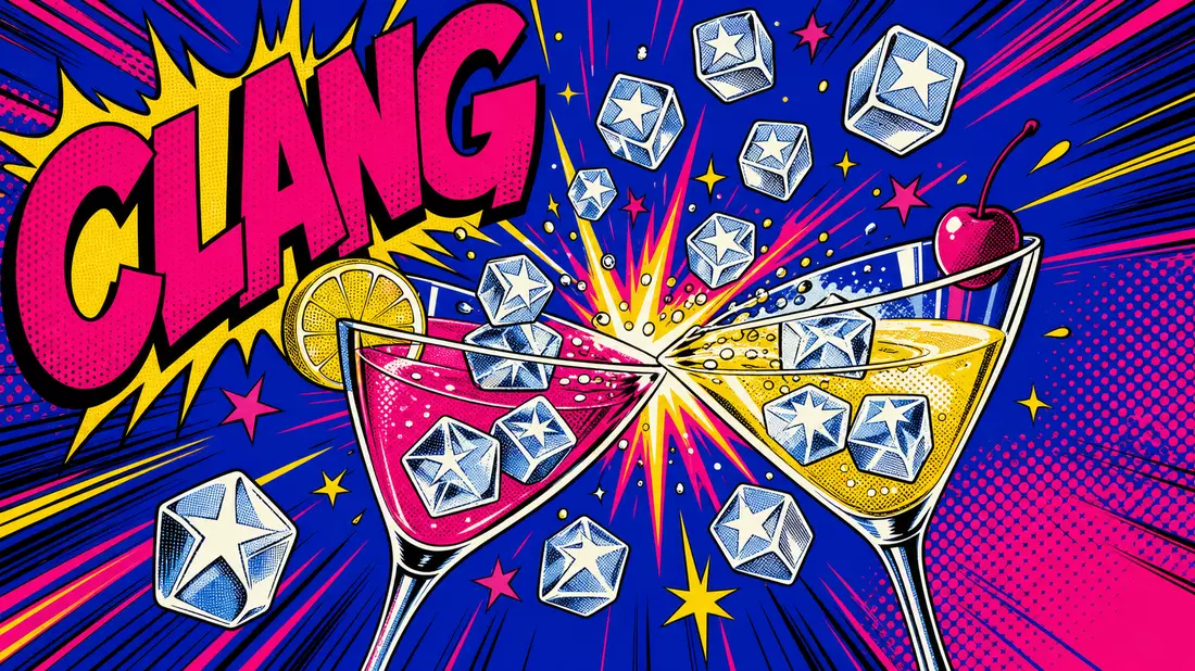 Pop art comic book of two cocktail glasses clinking with ice cube stars and bold CLANG lettering
