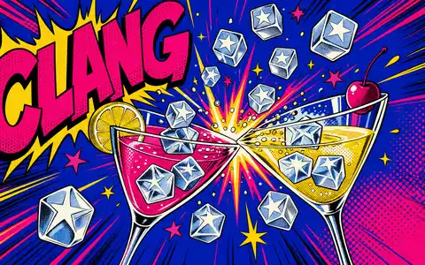 Pernod Ricard FR0000120693 — pop-art comic cocktail glasses clinking with ice-cube stars and bold CLANG - Foto: THN