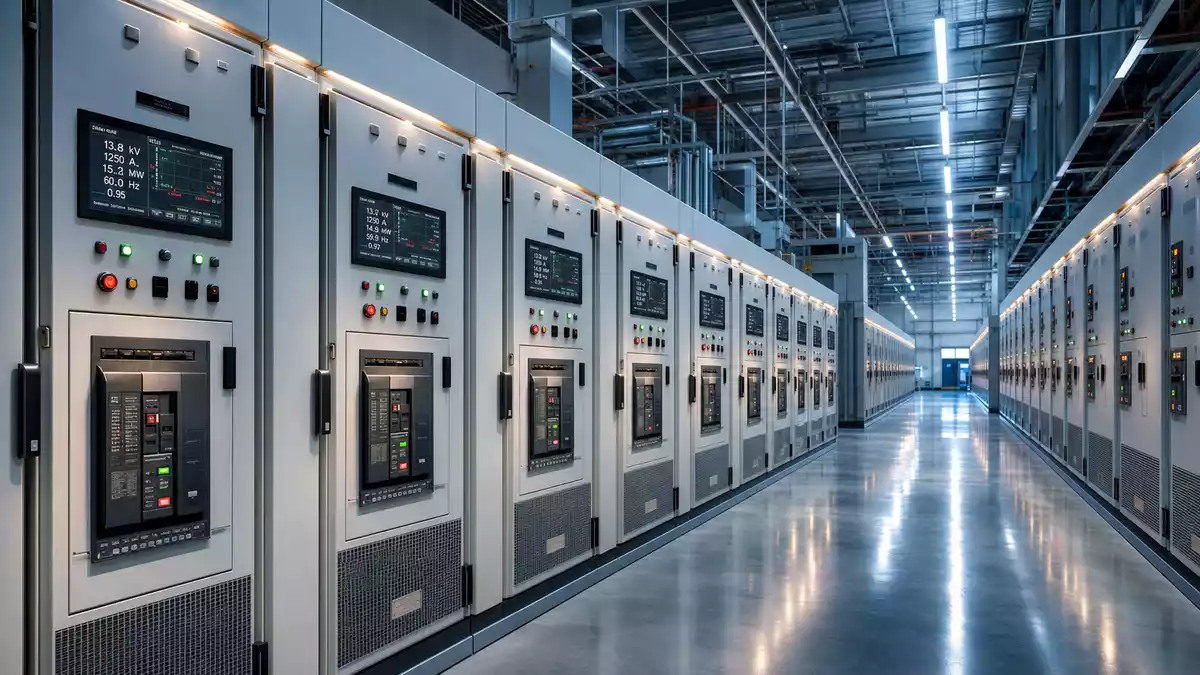 Photorealistic modern switchgear hall with rows of industrial distribution cabinets and LED energy displays