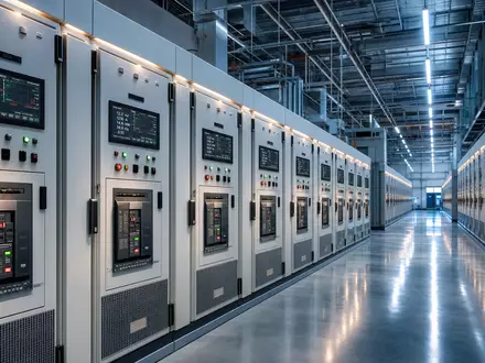 Schneider Electric FR0000121972 photorealistic switchgear hall with industrial distribution panels and energy displays - Foto: THN