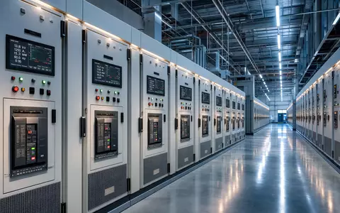 Schneider Electric FR0000121972 photorealistic switchgear hall with industrial distribution panels and energy displays - Foto: THN