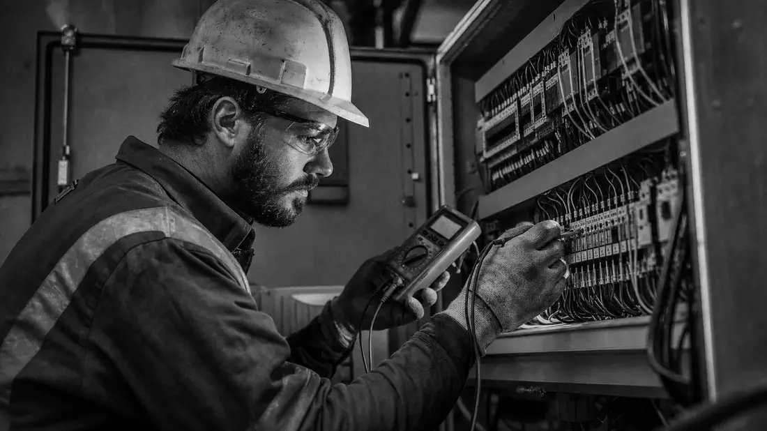 Black and white reportage photo of industrial electrician holding multimeter testing terminal connections inside control cabinet