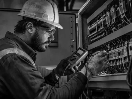 Schneider Electric FR0000121972 black-and-white documentary technician testing industrial control cabinet with multimeter - Foto: THN