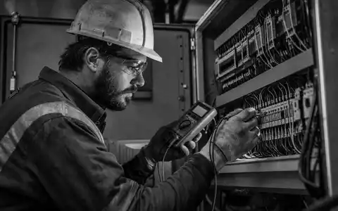 Schneider Electric FR0000121972 black-and-white documentary technician testing industrial control cabinet with multimeter - Foto: THN