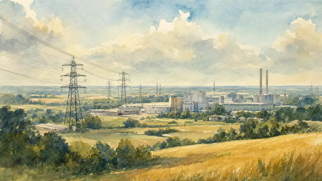 Watercolor painting of French industrial park with high-voltage pylons crossing rolling pastoral countryside landscape