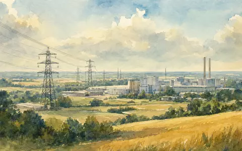 Schneider Electric FR0000121972 watercolor French industrial park landscape with electricity pylons across countryside - Foto: THN