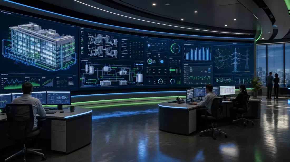 Architectural CGI render of a smart building cockpit with curved data wall showing energy flows and building schematics