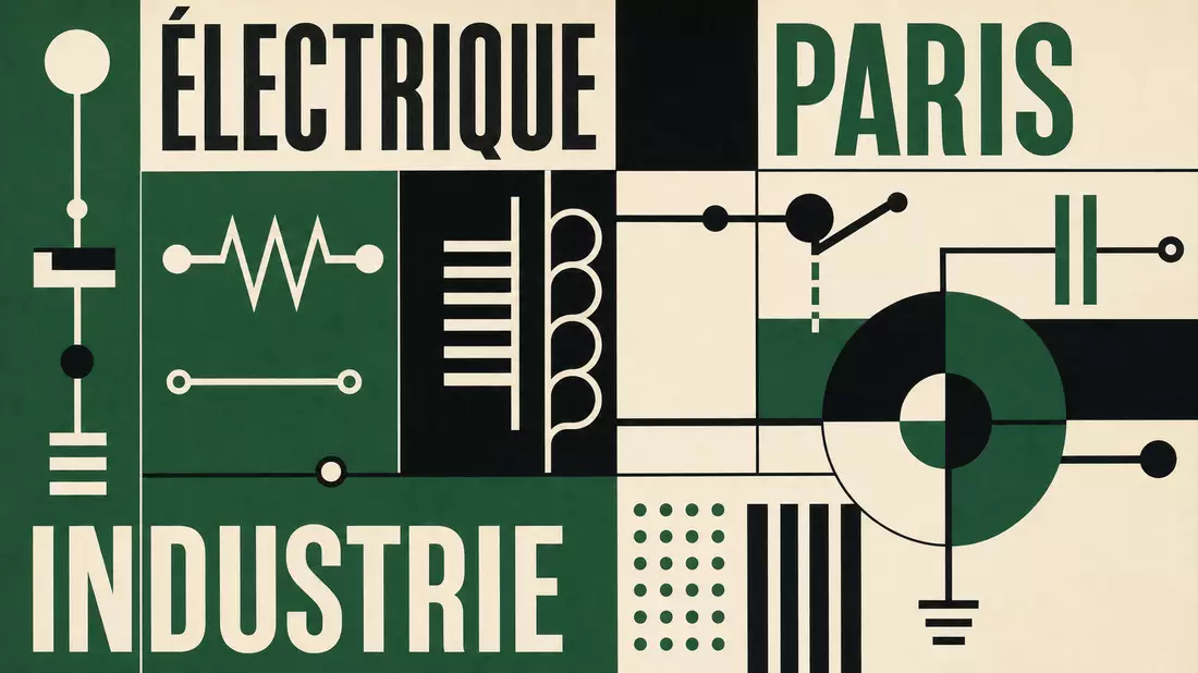 Bauhaus constructivist poster with abstract geometric electrical circuit symbols in forest green and black with bold typography