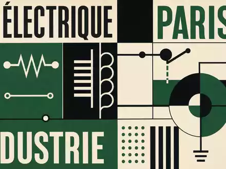 Schneider Electric FR0000121972 Bauhaus poster with geometric circuit symbols in green-black and ÉLECTRIQUE PARIS typography - Foto: THN