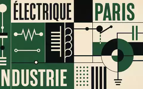 Schneider Electric FR0000121972 Bauhaus poster with geometric circuit symbols in green-black and ÉLECTRIQUE PARIS typography - Foto: THN