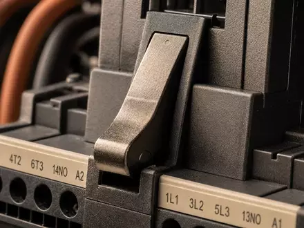 Schneider Electric FR0000121972 macro close-up of circuit breaker lever with labeled terminal block hardware - Foto: THN