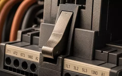 Schneider Electric FR0000121972 macro close-up of circuit breaker lever with labeled terminal block hardware - Foto: THN