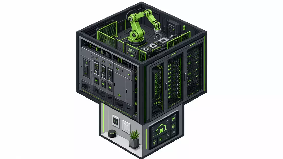 Isometric 3D illustration of a cube showing switchgear, data center, smart home, and industrial robot arm on its faces