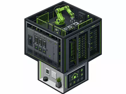 Schneider Electric FR0000121972 isometric 3D cube showing switchgear data-center smart-home and industrial robot faces - Foto: THN