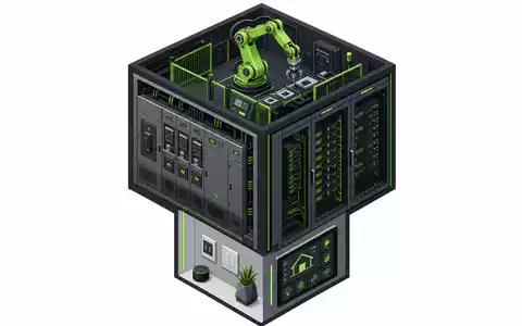 Schneider Electric FR0000121972 isometric 3D cube showing switchgear data-center smart-home and industrial robot faces - Foto: THN