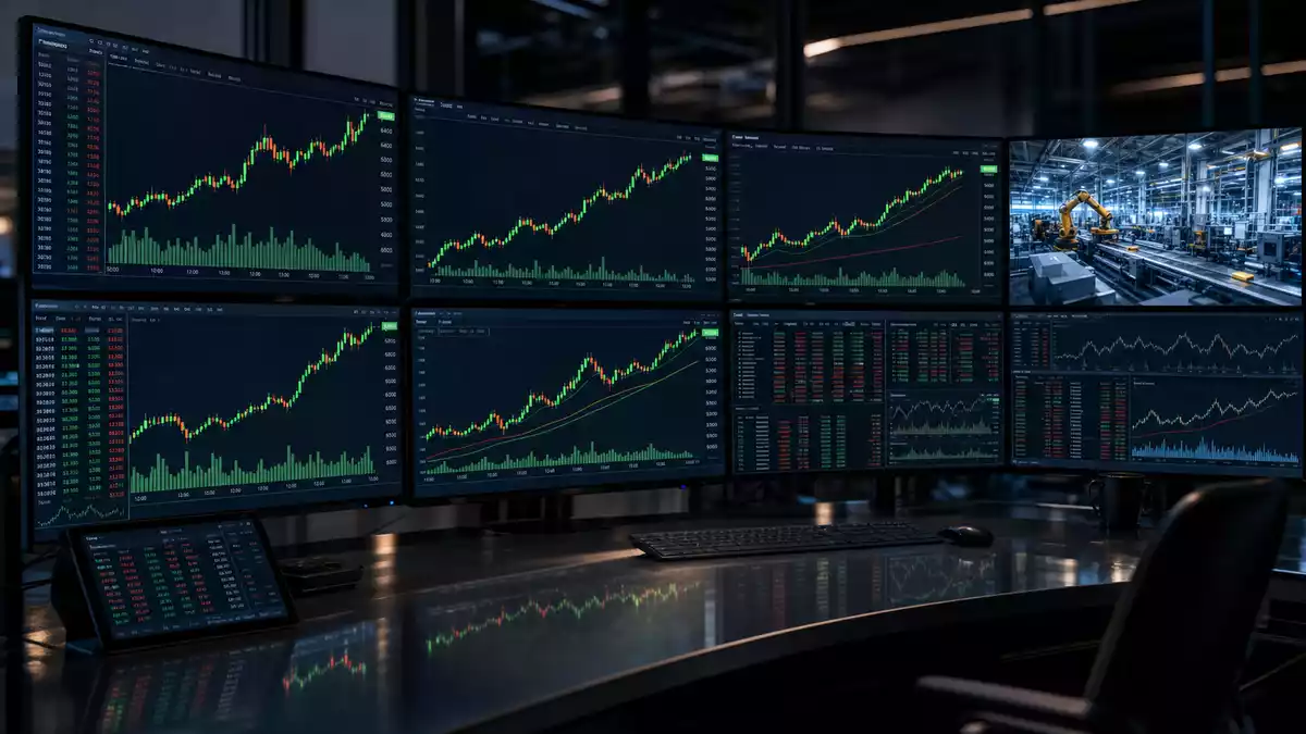 Editorial photo of trading monitors displaying CAC 40 industrial automation charts with factory floor footage on split screen