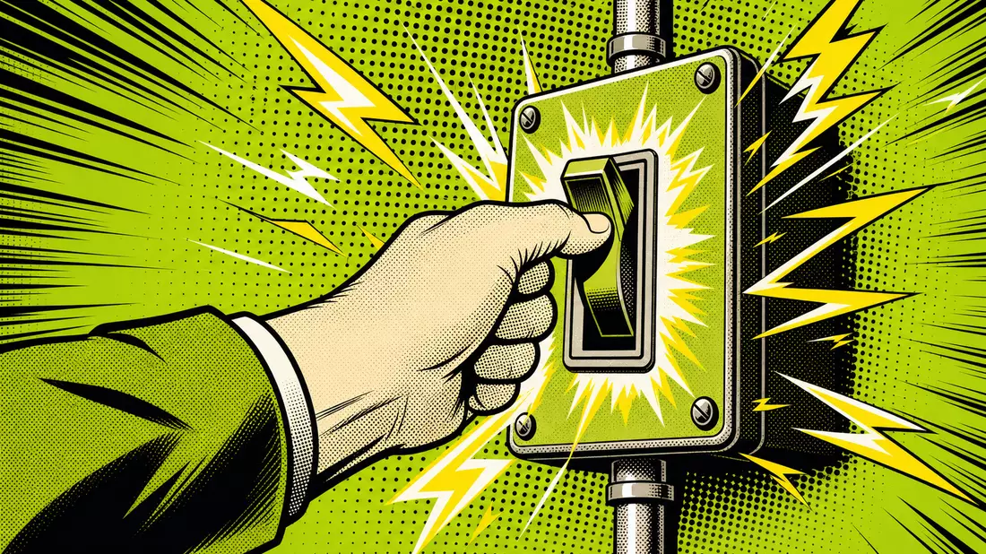 Pop art comic illustration of a hand flipping an industrial wall switch with yellow electric sparks 