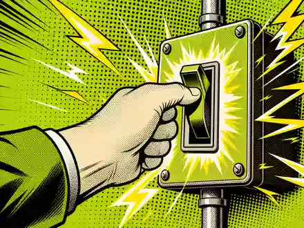 Schneider Electric FR0000121972 pop art comic hand flipping switch with electric sparks in halftone green-black - Foto: THN
