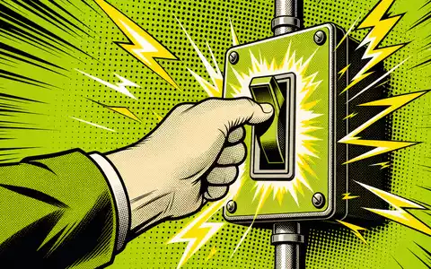 Schneider Electric FR0000121972 pop art comic hand flipping switch with electric sparks in halftone green-black - Foto: THN