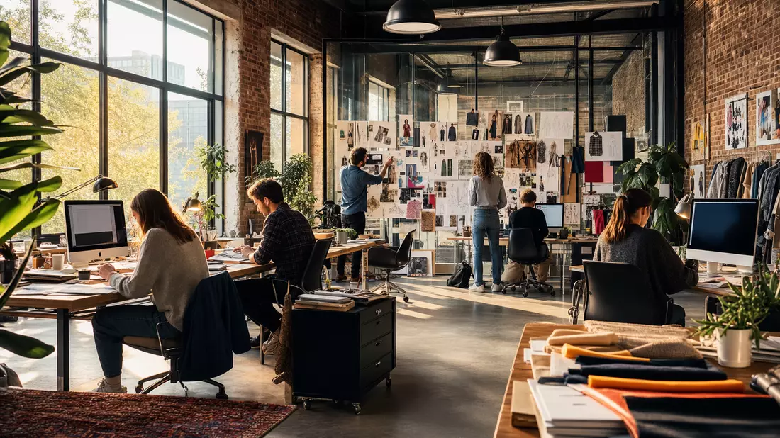 Photorealistic open loft agency office with designers at Mac computers and mood boards on glass walls