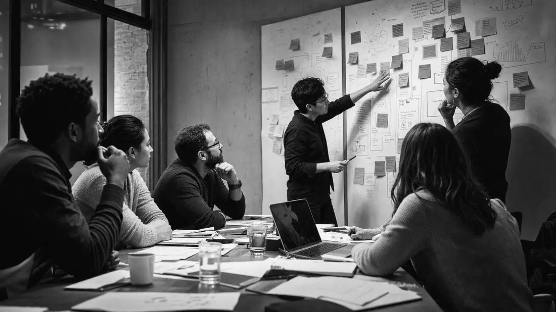 Black and white reportage of a lively strategy meeting with post-its covering a large conference wall