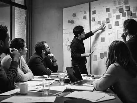Publicis FR0000130577 black and white strategy meeting with post-its covering a large conference wall - Foto: THN