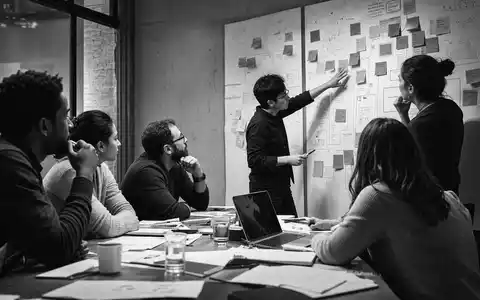 Publicis FR0000130577 black and white strategy meeting with post-its covering a large conference wall - Foto: THN
