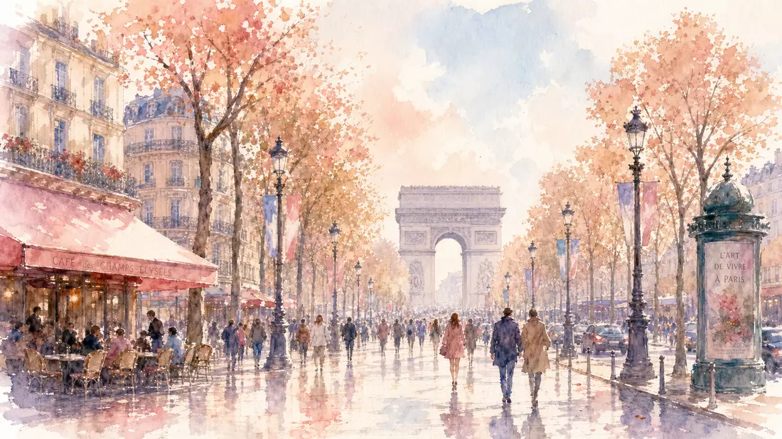 Soft watercolor of Champs-Elysees in Paris with Arc de Triomphe in pastel autumn tones