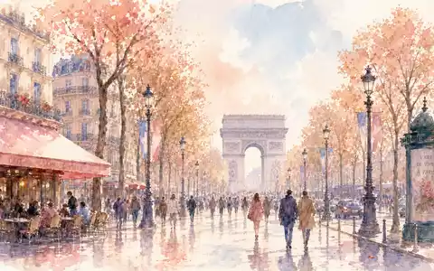 Publicis FR0000130577 watercolor painting of Paris Champs-Elysées autumn scene with Arc de Triomphe - Foto: THN