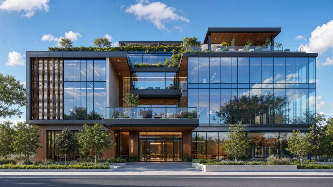 Architectural render of a modern glass boutique agency HQ building with a lush rooftop garden