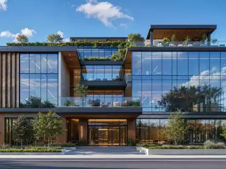 Publicis FR0000130577 modern glass boutique agency headquarters building with lush rooftop garden render - Foto: THN