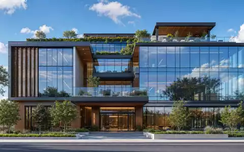 Publicis FR0000130577 modern glass boutique agency headquarters building with lush rooftop garden render - Foto: THN