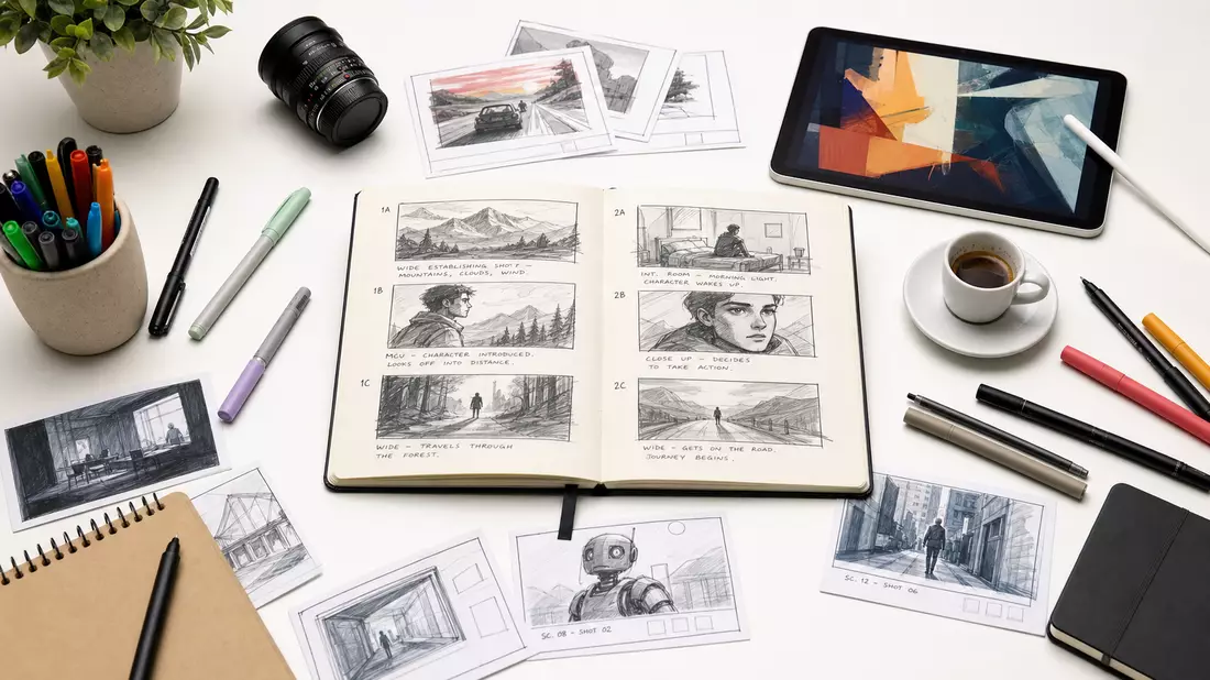 Overhead flat lay of sketchbook, colorful markers, storyboard cards, camera lens, espresso and tablet