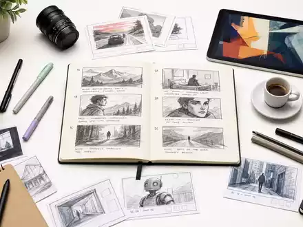Publicis FR0000130577 flatlay of creative tools sketchbook colored markers storyboard tablet and espresso - Foto: THN