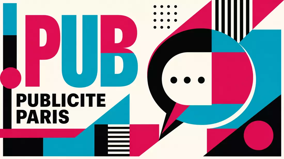 Bauhaus-style geometric poster with PUB in magenta and cyan and PUBLICITE PARIS text in black