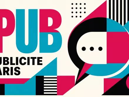 Publicis FR0000130577 Bauhaus abstract speech bubble poster in magenta cyan black PUBLICITE PARIS - Foto: THN