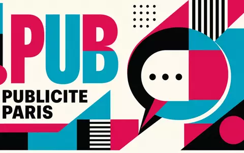 Publicis FR0000130577 Bauhaus abstract speech bubble poster in magenta cyan black PUBLICITE PARIS - Foto: THN