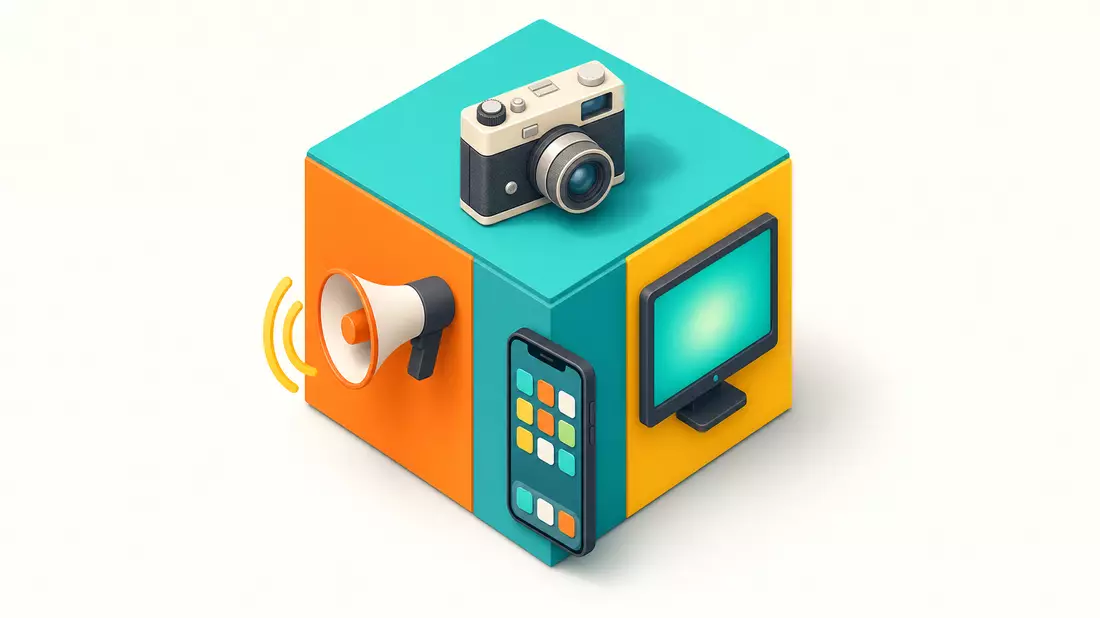 Isometric 3D illustration of a cube with camera, monitor, megaphone, and smartphone app icons on fac