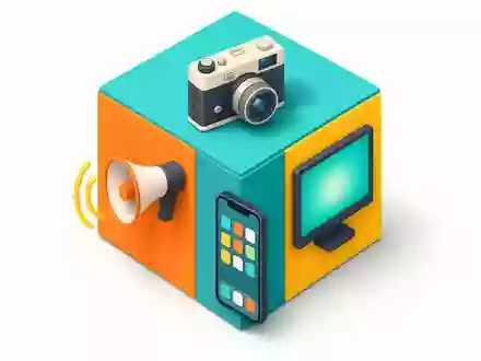 Publicis FR0000130577 isometric 3D cube with camera screen megaphone and smartphone app - Foto: THN