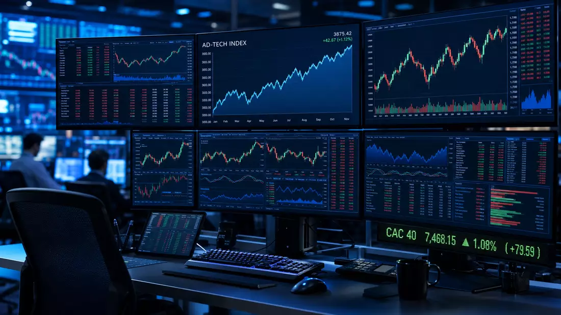 Editorial finance trading workstation with multiple screens showing AD-TECH INDEX and CAC 40 ticker