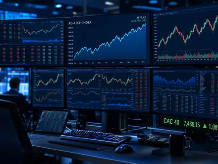 Publicis FR0000130577 trading screens showing AD-TECH INDEX chart and CAC 40 ticker - Foto: THN
