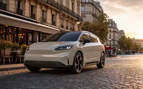 Renault FR0000131906 zeigt kompaktes Elektroauto auf Pariser Pflasterstraße im warmen goldenen Abendlicht - Foto: THN
