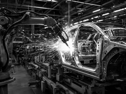 Renault FR0000131906 Fertigungslinie zeigt Roboterarm der eine Karosserie in Schwarzweiß dramatisch schweißt - Foto: THN