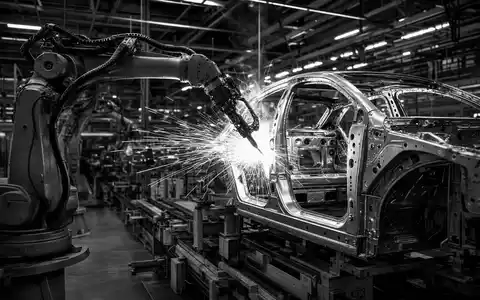 Renault FR0000131906 Fertigungslinie zeigt Roboterarm der eine Karosserie in Schwarzweiß dramatisch schweißt - Foto: THN