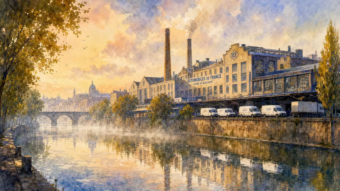 Aquarellgemälde eines französischen Automobilwerks an der Seine mit Lieferwagen