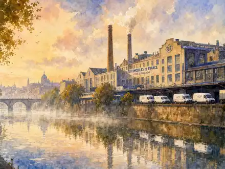 Renault FR0000131906 Industriewerk an der Seine mit weißen Lieferwagen im Aquarellstil gemalt - Foto: THN