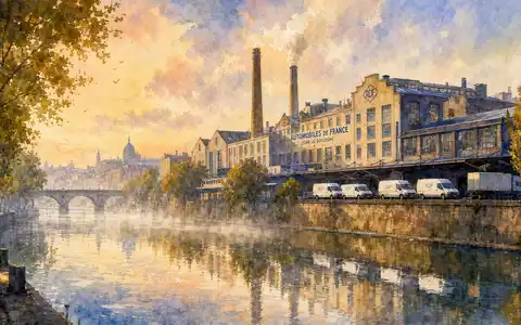 Renault FR0000131906 Industriewerk an der Seine mit weißen Lieferwagen im Aquarellstil gemalt - Foto: THN