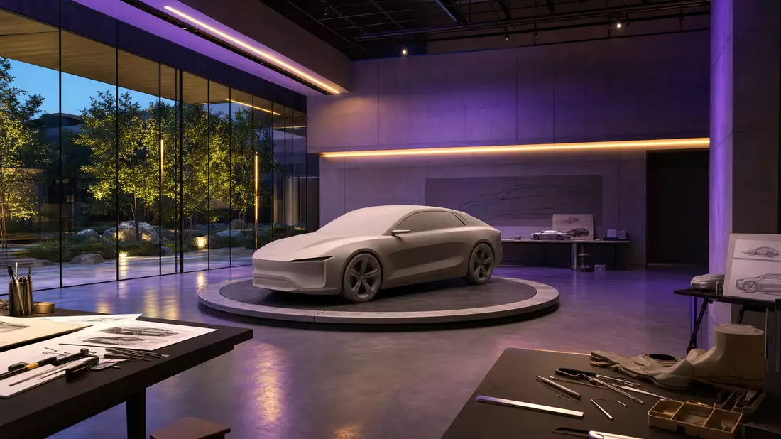 Architektur-Rendering eines modernen Automobildesignstudios mit Tonmodell und Stimmungsbeleuchtung