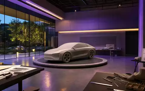 Renault FR0000131906 Designstudio mit grauem Tonmodell auf Drehteller unter dramatischen lila Stimmungslichtern - Foto: THN